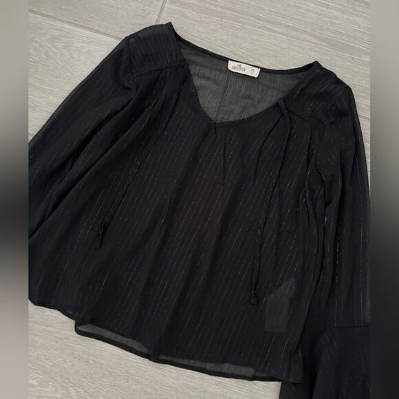 Hollister XS Black Metallic lurex stripes chiffon bell sleeve flowy top blouse - Picture 4 of 8